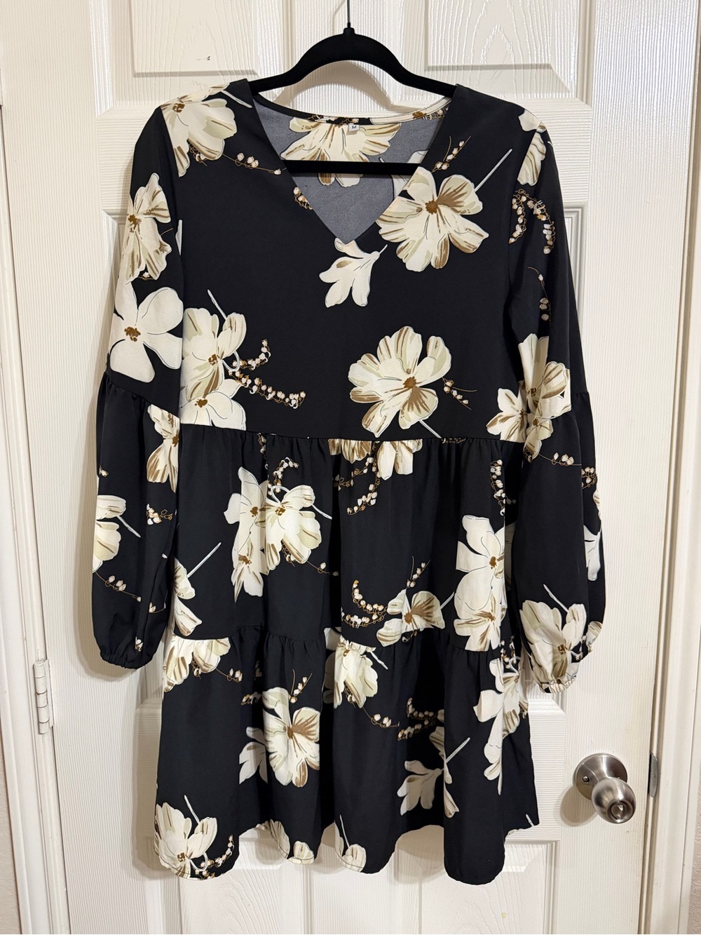 Black Floral Tiered V-Neck Dress with Cream Blooms